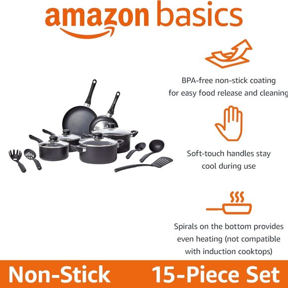 Non Stick Kitchen Cookware 15-Piece Set, Non-Induction, Includes Pots, Pans, and - Picture 4 of 6